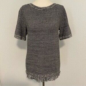 NWOT.  Ann Taylor Textured Woven Raw Fringe Edge Black White Top Sexy Size S